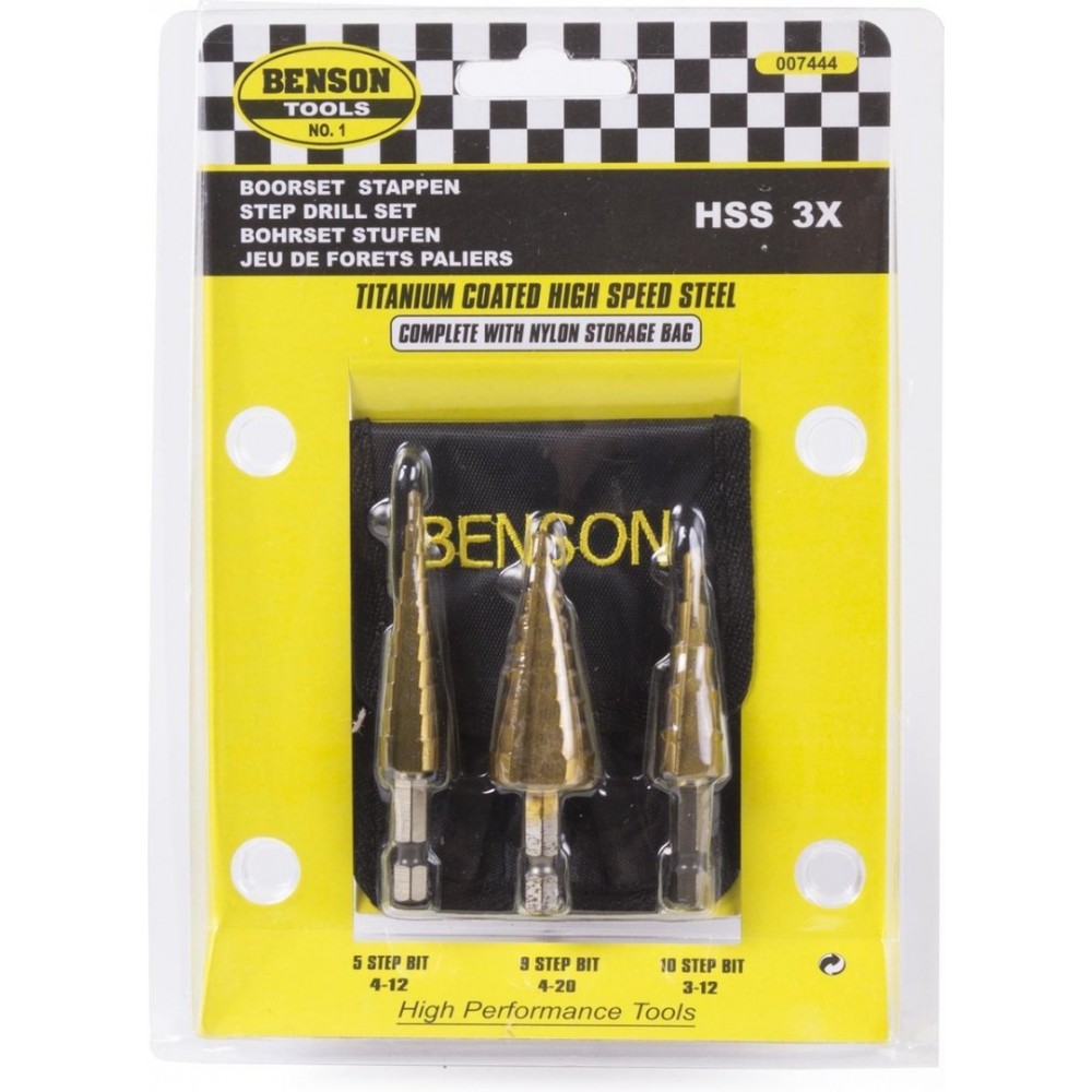 Benson Stappenboor Set HSS Titanium 3 delig - 1 x 4 - 12 mm - 1 x 4 - 20 mm - 1 x 3 - 12 mm