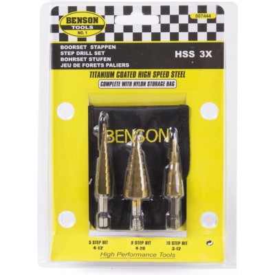 Benson Stappenboor Set HSS Titanium 3 delig - 1 x 4 - 12 mm - 1 x 4 - 20 mm - 1 x 3 - 12 mm
