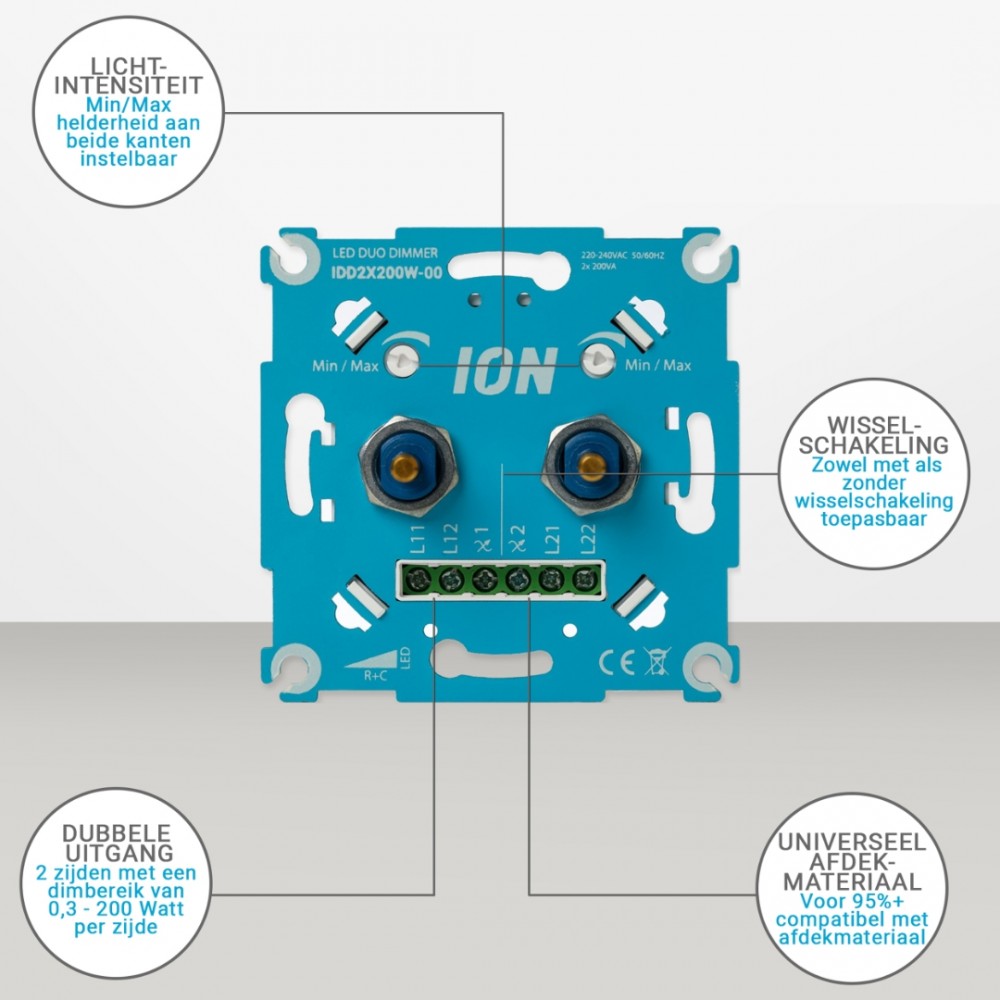 ION industries dimmer inbouw - duo - LED - 2-200 W - draai blauw