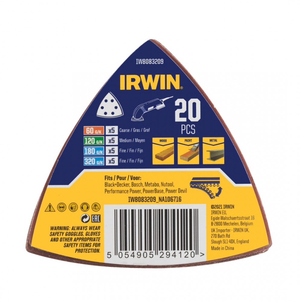 Irwin schuurvel driekhoek 95 x 95 mm zelfhechtend K60/K120/K180/K320, 20 stuks