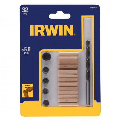 Irwin deuvelset Ø6 mm bestaande uit 24 houten deuvels, 1 houtspiraalboor met dieptestop en centreerpunten.