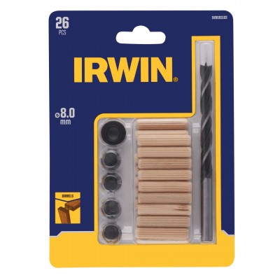 Irwin deuvelset Ø8 mm bestaande uit 20 houten deuvels, 1 houtspiraalboor met dieptestop en centreerpunten.