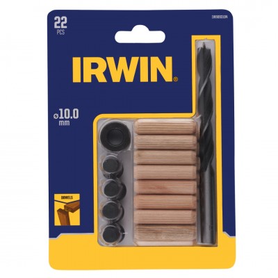 Irwin deuvelset Ø10 mm bestaande uit 16 houten deuvels, 1 houtspiraalboor met dieptestop en centreerpunten.