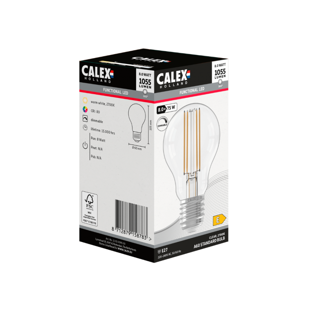 Calex Filament LED Lamp - E27 - A60 - Helder - 8W - Dimbaar