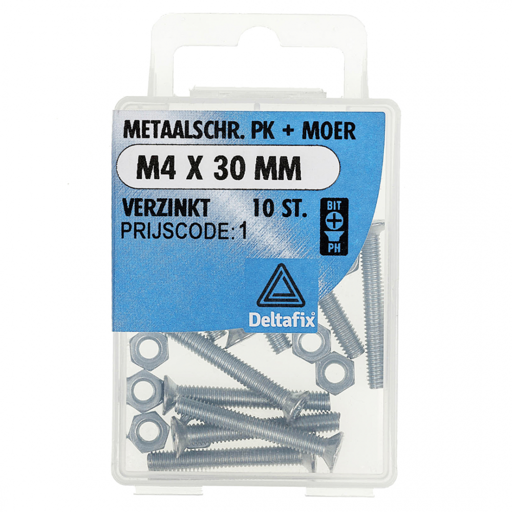 Deltafix metaalschroef platkop + moer verzinkt m4 x 30 mm din 965 /din 934 10 st.