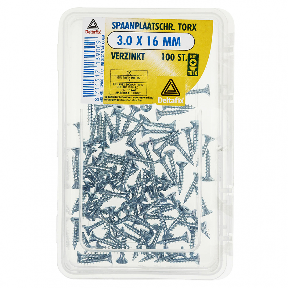 Deltafix spaanplaatschroef platkop / torx / met nibs / type 17 snijpunt verzinkt 3.0 x 16 mm 100 st.