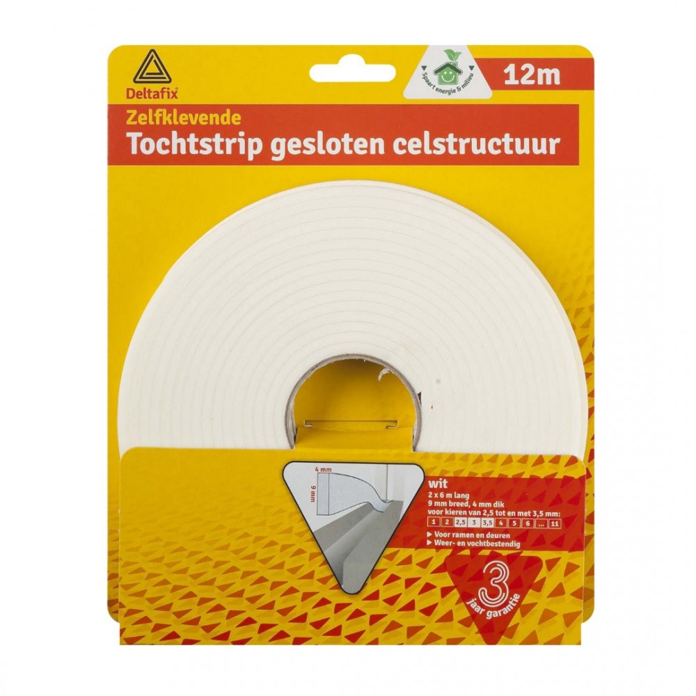 Deltafix tochtstrip zelfklevend gesloten celstructuur wit 12 m x 9 mm x 4 mm