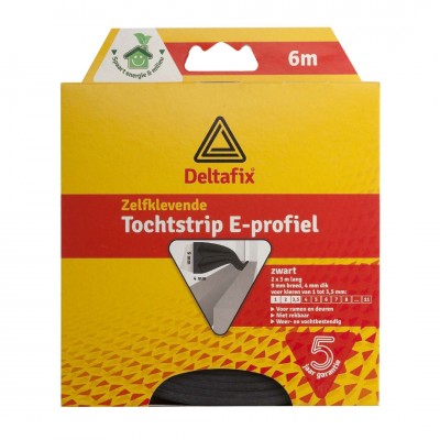 Deltafix tochtstrip zelfklevend e-profiel epdm zwart 6 m x 9 mm x 4 mm