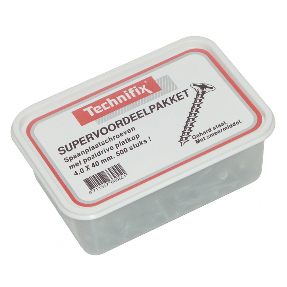 Technifix spaanplaatschroef platkop / kruiskop / voordeelbak verzinkt 4.0 x 40 mm 500 st.