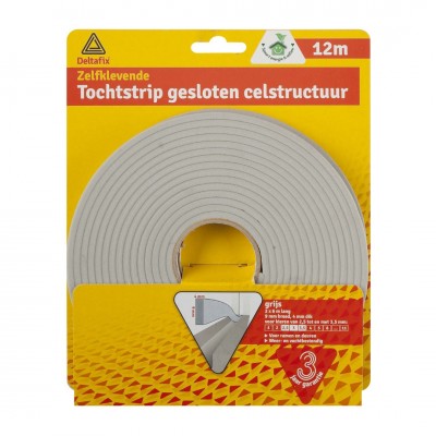 Deltafix tochtstrip zelfklevend gesloten celstructuur grijs 12 m x 9 mm x 4 mm