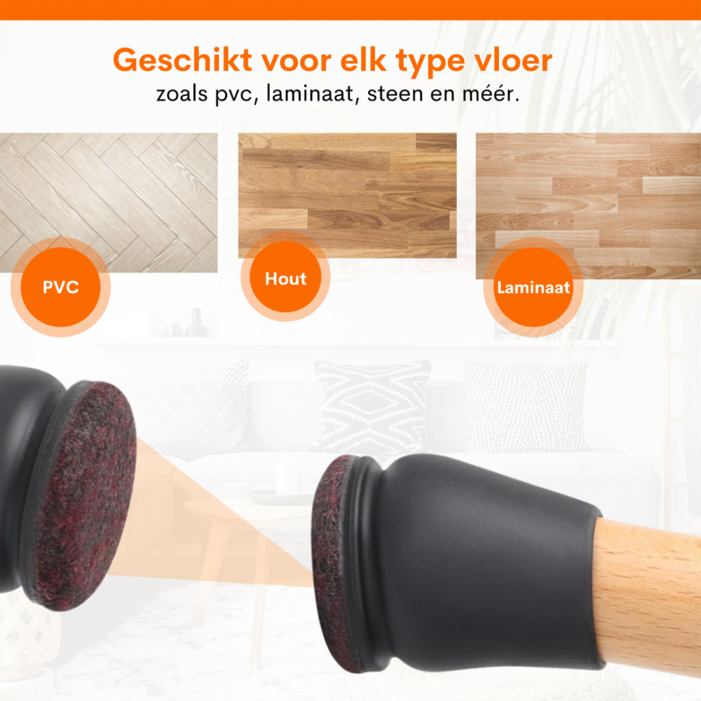 Flooq stoelpootdop met vilt floor rond 22 tot 28 mm zwart 8 st.