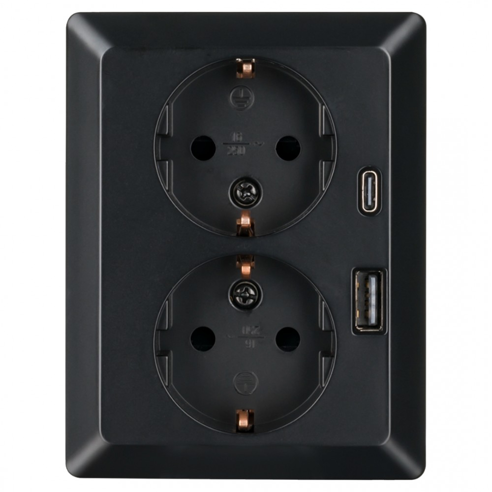 ION Industries V1/J1 contactdoos inbouw - 2-voudig - randaarde - USB A/C - zwart