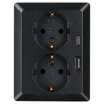 ION Industries V1/J1 contactdoos inbouw - 2-voudig - randaarde - USB A/C - zwart