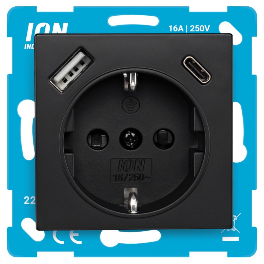 ION Industries E1 contactdoos inbouw - 1-voudig - randaarde - USB A/C - 71 x 71 mm - mat zwart