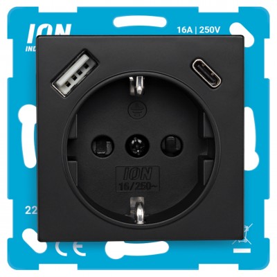 ION Industries E1 contactdoos inbouw - 1-voudig - randaarde - USB A/C - 71 x 71 mm - mat zwart