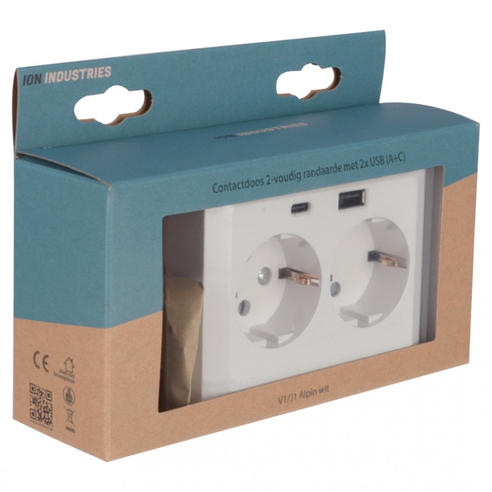 ION Industries V1/J1 contactdoos inbouw - 2-voudig - randaarde - USB A/C - alpin wit