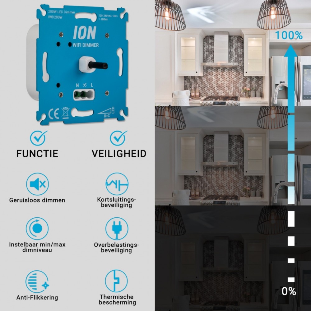 ION Industries dimmer inbouw - LED - 1-200W - DR - WIFI - RC element - blauw