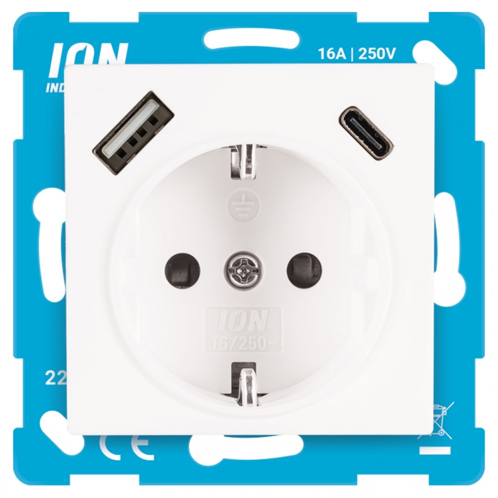 ION Industries V1/J1 contactdoos inbouw - 1-voudig - randaarde - USB A/C - 71 x 71 x 32 mm - actief wit