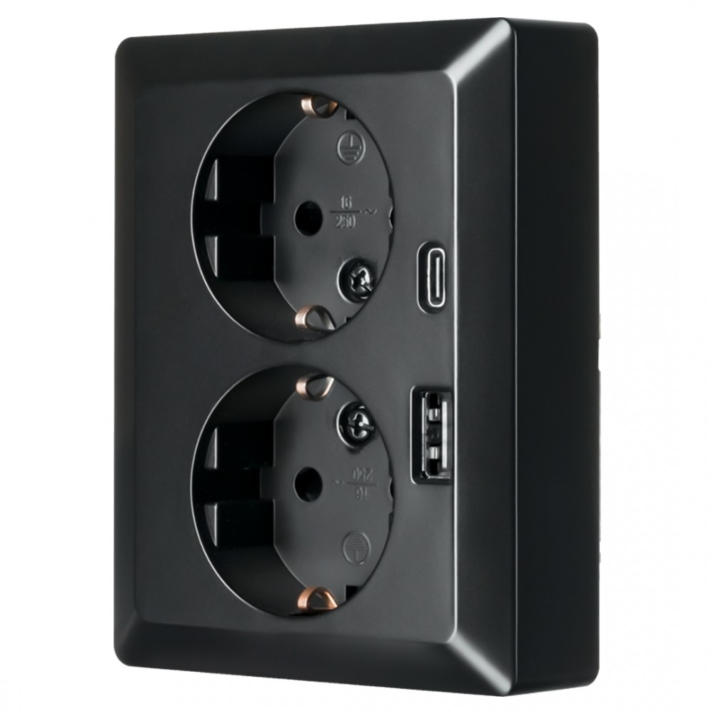 ION Industries V1/J1 contactdoos inbouw - 2-voudig - randaarde - USB A/C - zwart