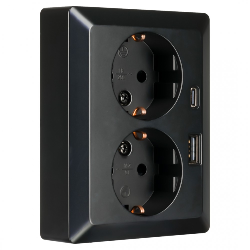 ION Industries V1/J1 contactdoos inbouw - 2-voudig - randaarde - USB A/C - zwart