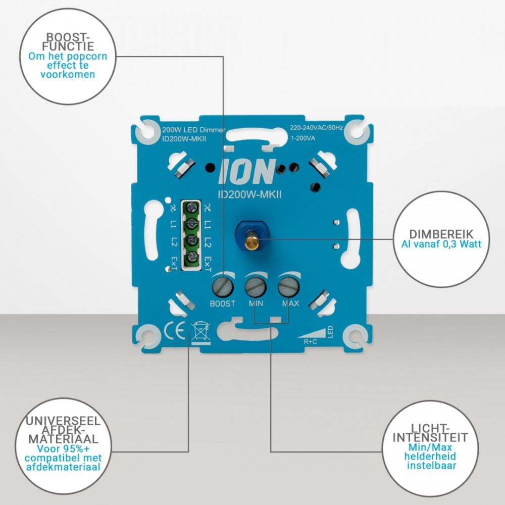 ION industries dimmer inbouw - LED - 1-200 W - druk-wissel - RC element blauw