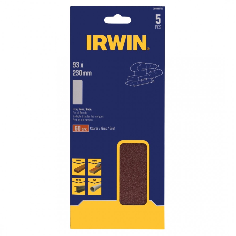 Irwin schuurvel 230 x 93 mm K60 voor klembevestiging, zonder perforatie, 5 stuks.