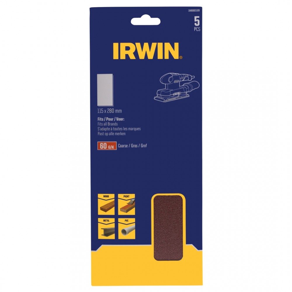 Irwin schuurvel 280 x 115 mm K60 voor klembevestiging, zonder perforatie, 5 stuks.