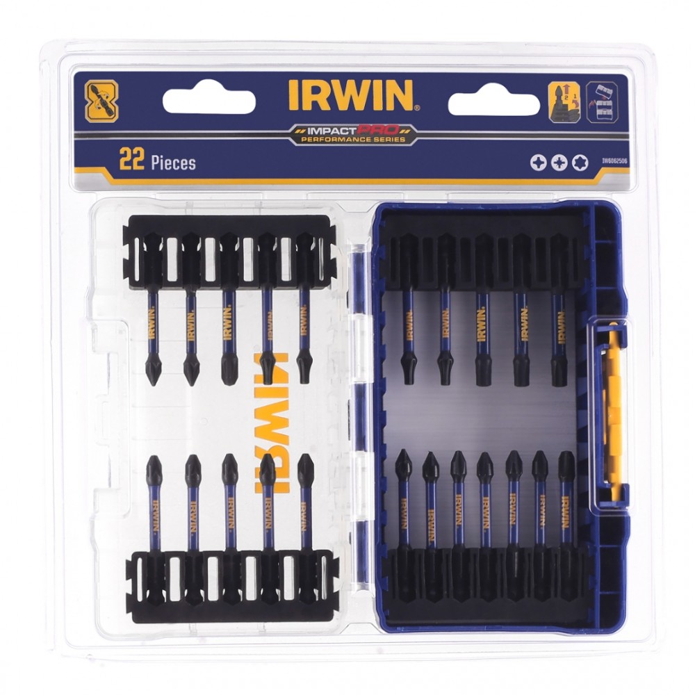 Irwin Impact Pro schroefbitset mixed 22-delig. Inclusief schroefbithouder. In Tough Case. Heavy-duty.