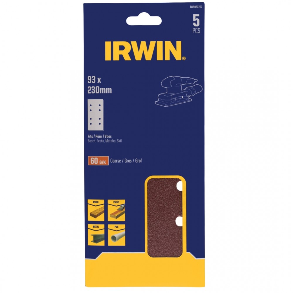 Irwin schuurvel 230 x 93 mm K60 voor klembevestiging, met perforatie voor Bosch, Skil, Gamma, Makita, Metabo, 5 stuks.