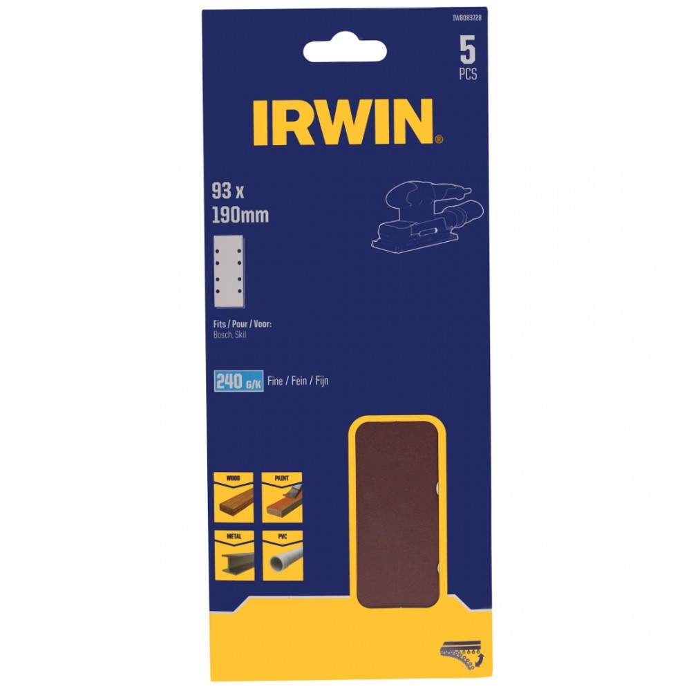 Irwin schuurvel 190 x 93 mm K240 zelfhechtend, met perforatie voor Bosch, Skil, Gamma, Makita, Metabo, 5 stuks.