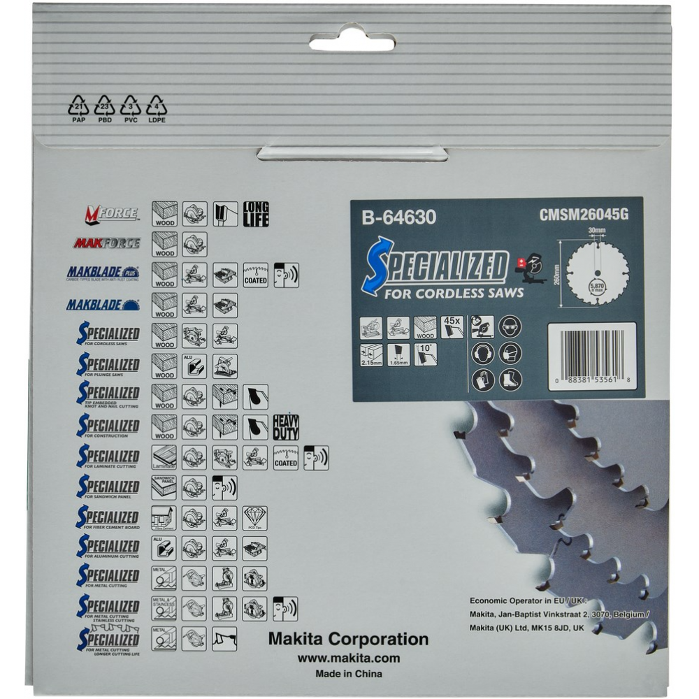 Makita Accessoires B-64630 HM zaagblad Specialized 260 x 30 x 45T