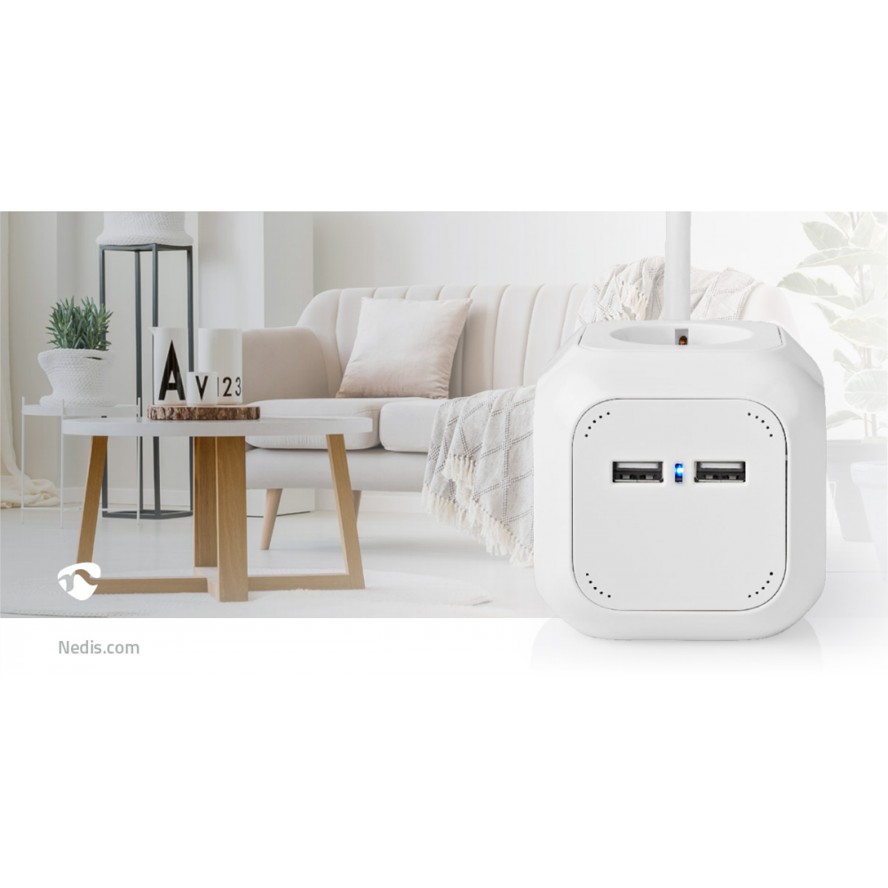 Stekkerdoos kubus Randaarde stekker en USB 1.5 meter wit Stekkerdoos kubus Randaarde stekker en USB 1.5 meter wit