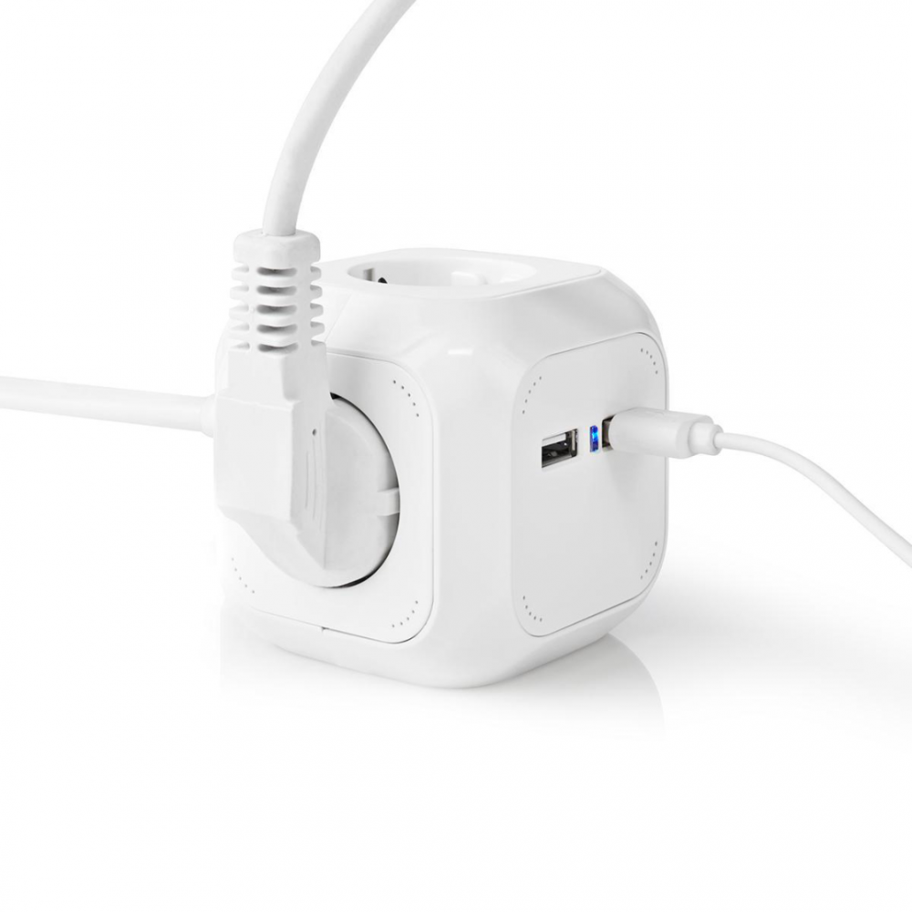 Stekkerdoos kubus Randaarde stekker en USB 1.5 meter wit Stekkerdoos kubus Randaarde stekker en USB 1.5 meter wit