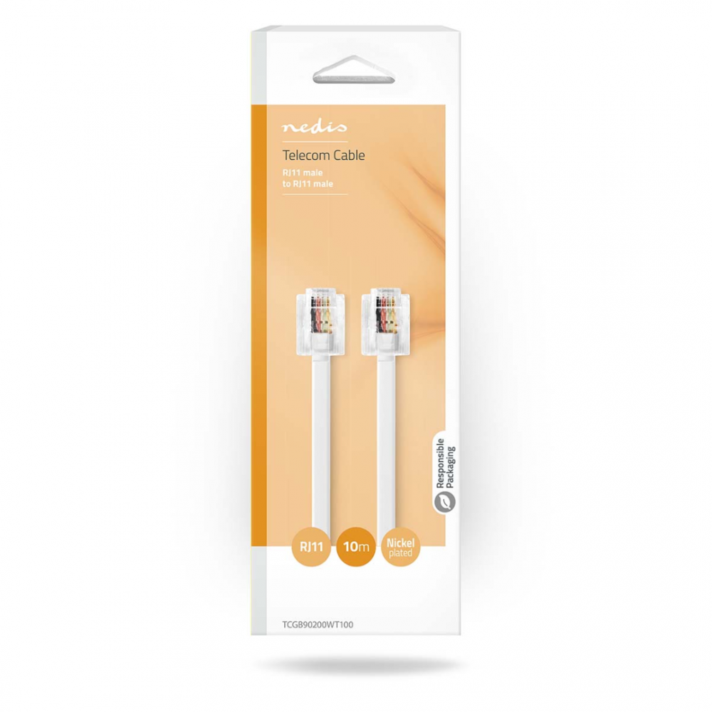 Nedis Telecomkabel RJ11 Male Plat Goud Verguld 10 meter Wit