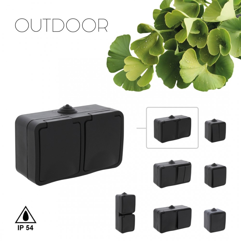 Q-Link contactdoos opbouw - 2-voudig - met randaarde - spatwaterdicht IP54 - horizontaal - zwart