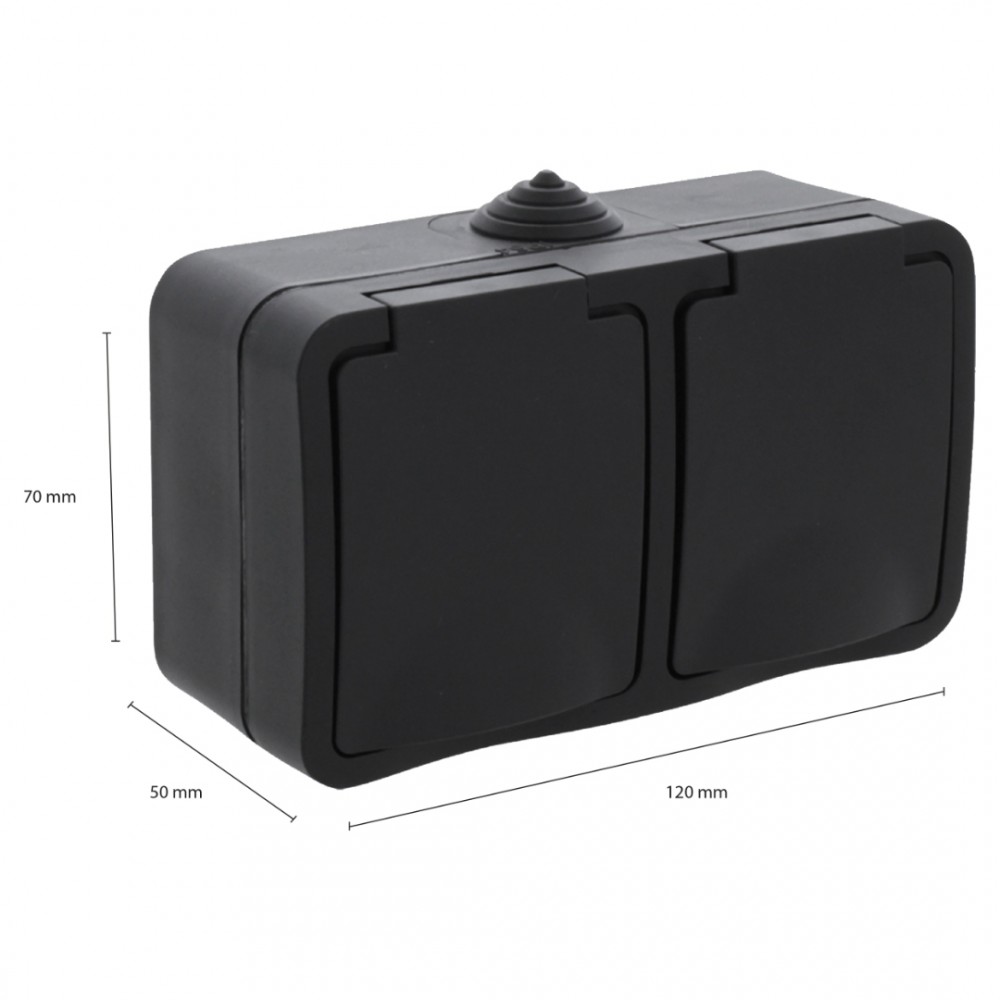 Q-Link contactdoos opbouw - 2-voudig - met randaarde - spatwaterdicht IP54 - horizontaal - zwart