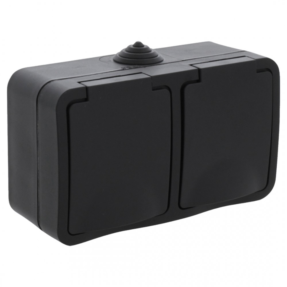 Q-Link contactdoos opbouw - 2-voudig - met randaarde - spatwaterdicht IP54 - horizontaal - zwart