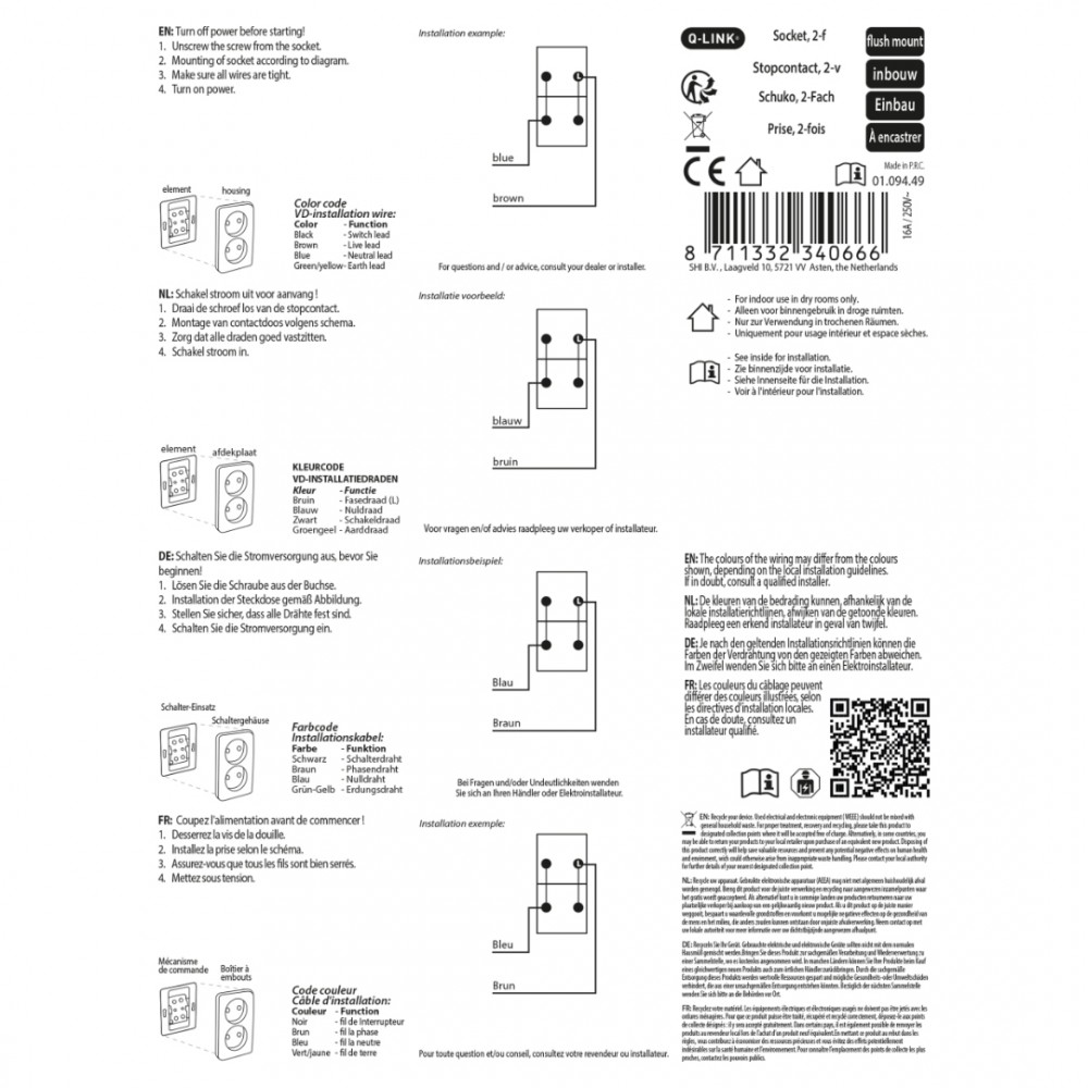 Q-Link contactdoos 2-voudig - inbouw - met shutter - met aanraakbeveiliging - zwart