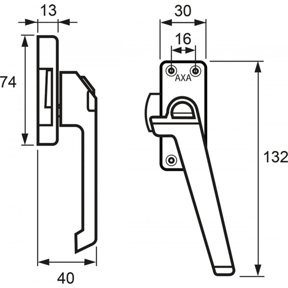 AXA Raamsluiting (model 3308) Aluminium: Afsluitbaar met drukknop, rechts naar buiten draaiend.