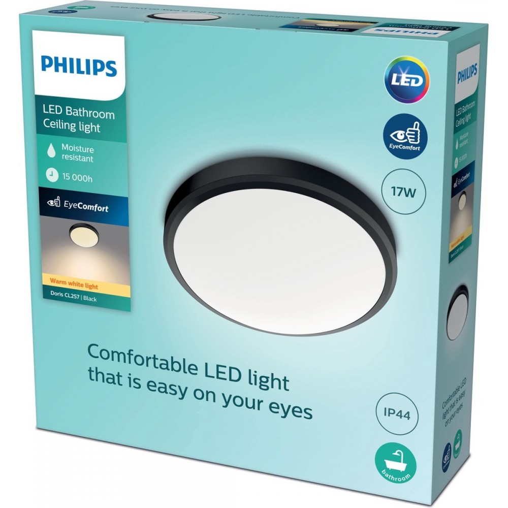 Philips Doris badkamer plafondlamp - zwart - groot - 17 W