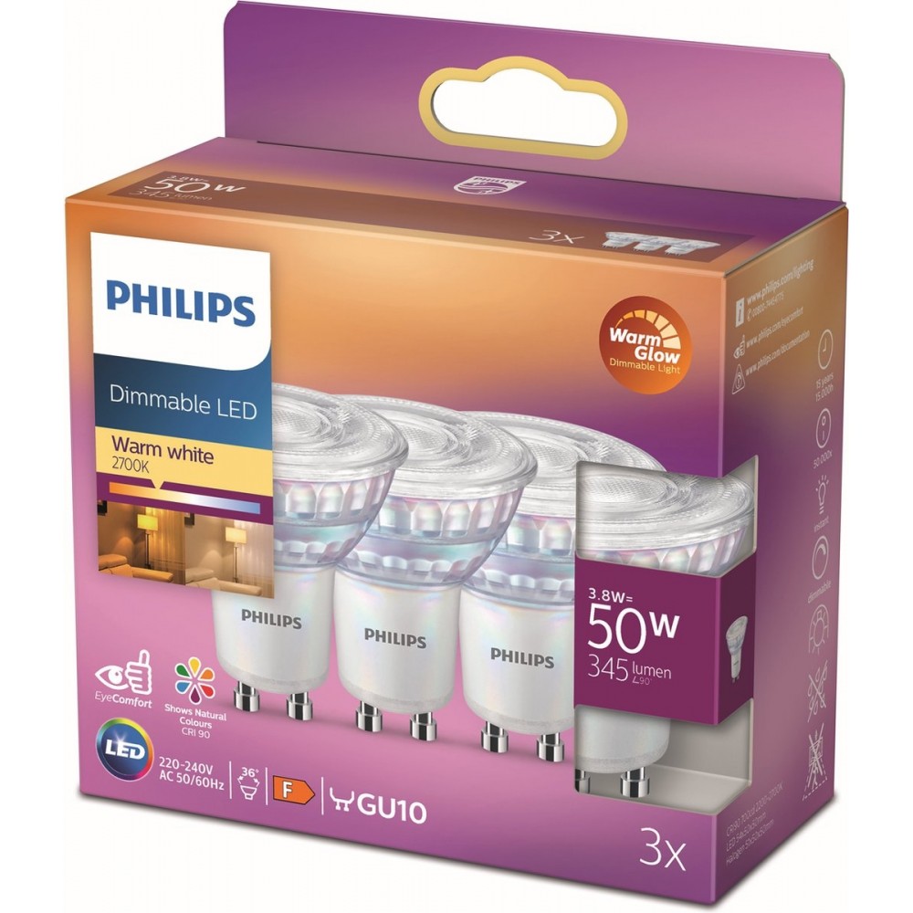 Philips energiezuinige LED Spot - 50 W - GU10 - Dimbaar warmwit licht - 3 stuks - Bespaar op energiekosten