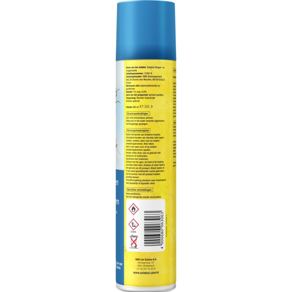 Solabiol Vliegen- en Muggenspray - 400 ml - Insectenspray - Spray Tegen o.a. Vliegen en Muggen - Insecten Bestrijdingsmiddel