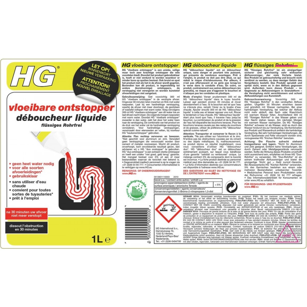 HG vloeibare ontstopper - 1L - de NR1 ontstopper - 100% opgelost 100% resultaat - werkt al na 5 minuten - biologisch afbreekbaar