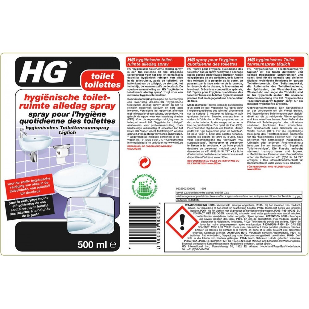 HG toiletruimte reiniger - 500ml - geschikt voor alle plekken in de toiletruimte - maximale hygine - snel drogend