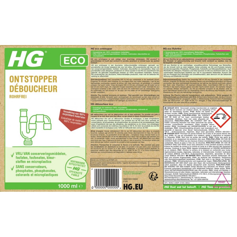 HG ECO ontstopper - 1L - ecologische ontstopper - duurzame krachtige ontstopper