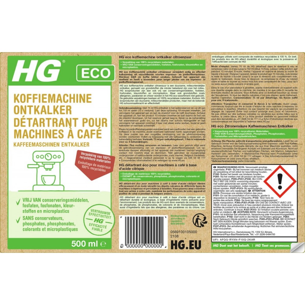 HG ECO koffiemachine ontkalker citroenzuur - 500 ml - de milieubewuste ontkalker voor uw espresso- en padkoffiemachines