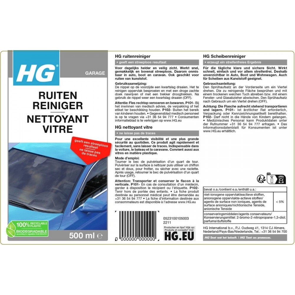 HG ruitenreiniger - 500ml - streeploos schoon - geschikt voor buiten- en binnenzijde