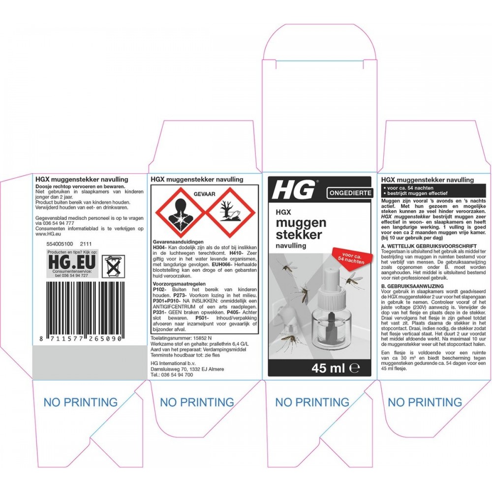 HGX muggenstekker navulling - 45ml - effectief tegen muggen - goed voor 54 nachten