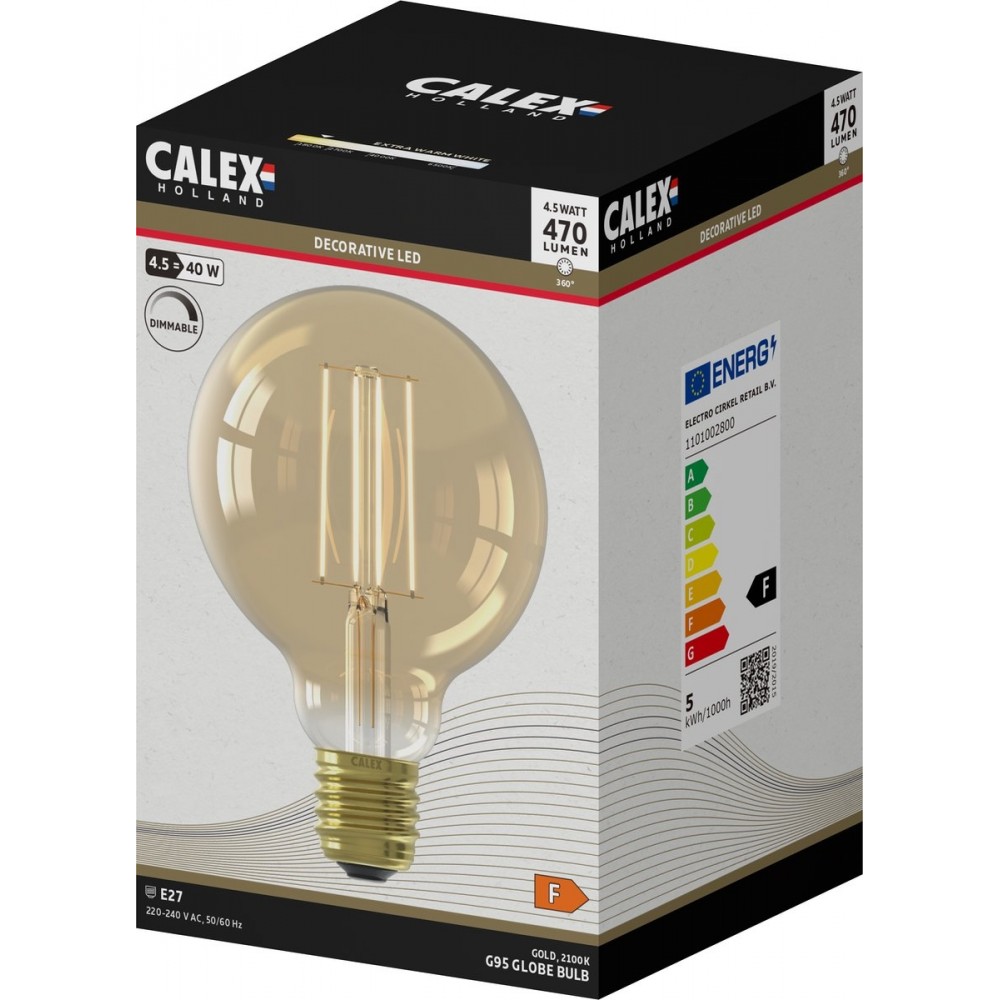Calex Filament LED Lamp - G95 Vintage Lichtbron - E27 - Goud - Warm Wit Licht - Dimbaar