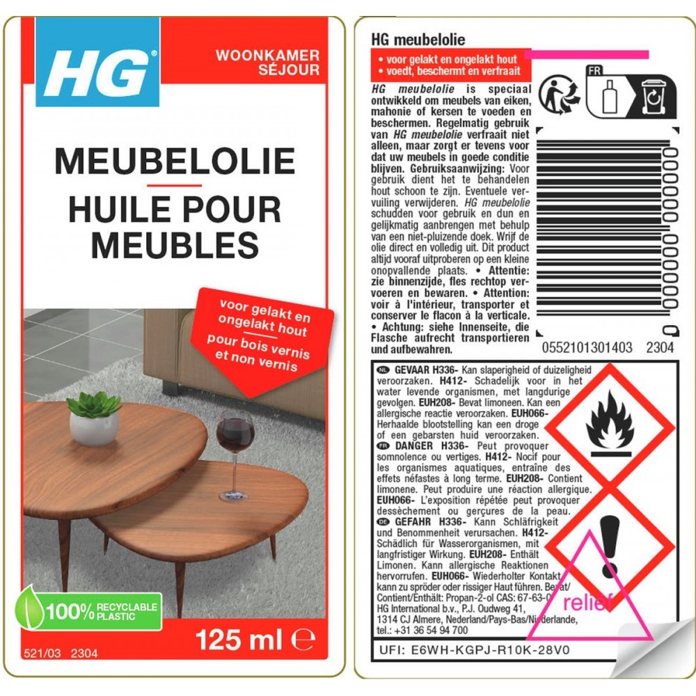 HG meubelolie eiken - 140ml - voor gelakt en ongelakt hout - voor eiken, mahonie en kersen